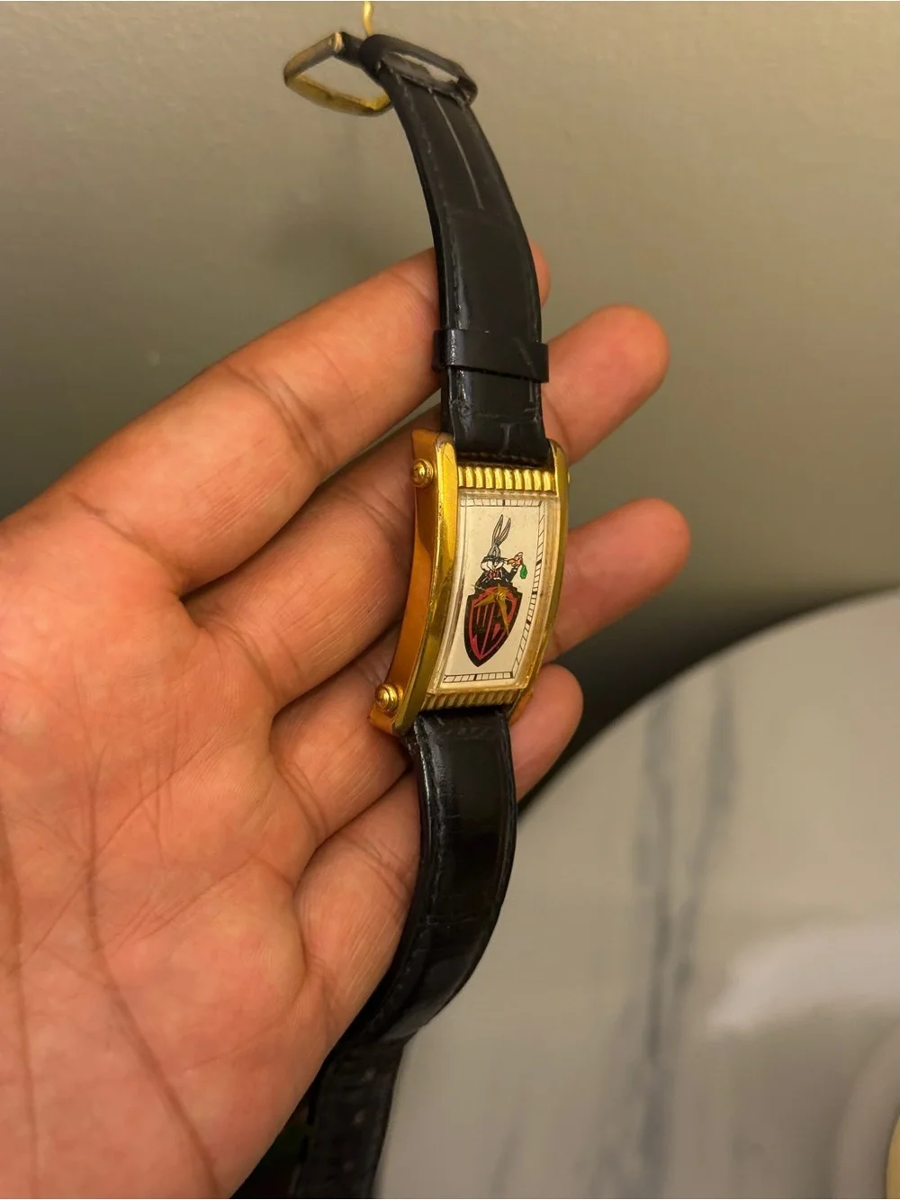 Warner Bros Vintage 1990s. Bugs Bunny Gold Tank Watch, black leather strap rare